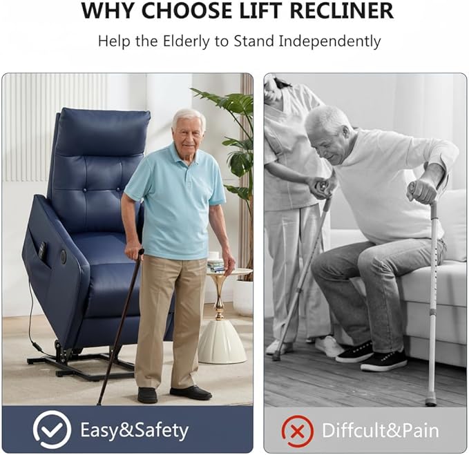 PELUMY Manual Lift Recliner Chair with Massage and Heat for Elderly, Single Motor Electric Lift Chair, Heavy Duty Recliner with USB Charging & Side Pockets (Breathable Leather, Dark Blue)