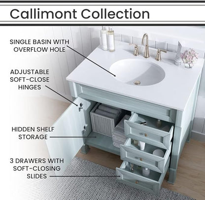 Hanover 36 Set Includes w, Blue Callimont 36'' Vanity Sink Combo for Bathroom, Powder Room | Pre-Assembled 1 Door, 3 Drawers | Accent Mirror| Artificial Stone Countertop Cabinet, 36 inches