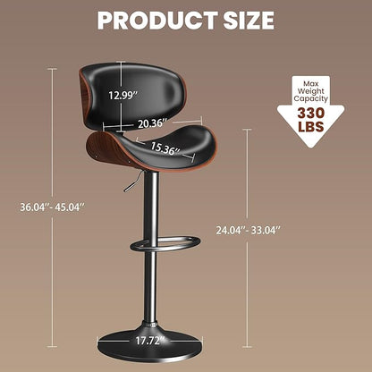 Bar Stools Set of 2, Bar Stools for Kitchen Island with Bentwood Back and Leather Seat, Swivel Barstools for Kitchen Counter, Bar, Black