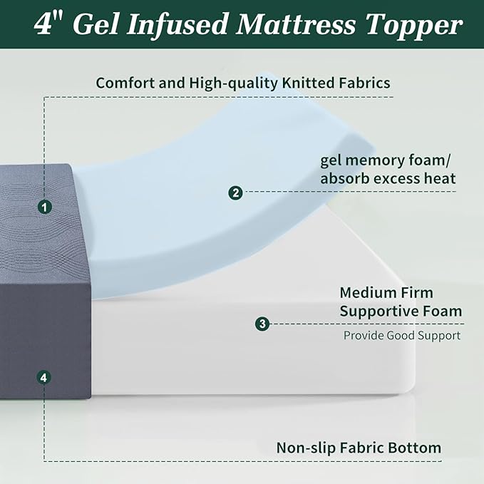VECELO Gel Infused Memory Foam Mattress Topper Twin Size, 4 Inch Fresh Cooling Mattress Pad with Washable Cover for Twin Mattress, Pain Pressure Relieve Bed Topper, Breathable, Comfort