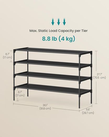 SONGMICS Shoe Rack, 4-Tier Shoe Storage Organizer, Space-Saving, 11.6 x 36.1 x 27.7 Inches, Entryway, Metal Frame, Non-Woven Fabric Shelves, Ink Black ULSH034BH01S