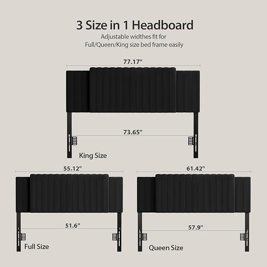 Upholstered Tufted Velvet Headboard, 3 in 1 Headboard for Full/Queen/King Size Bed, Height & Width Adjustable Head Board, Attach Frame, Study & Comfortable, Ideal for Bedroom, Dorm, Guest Room, Black