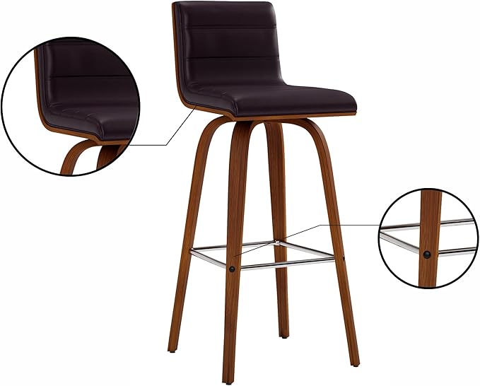 Vienna 30" Swivel Bar Stool in Walnut Wood Finish with Brown Faux Leather - Set of 4
