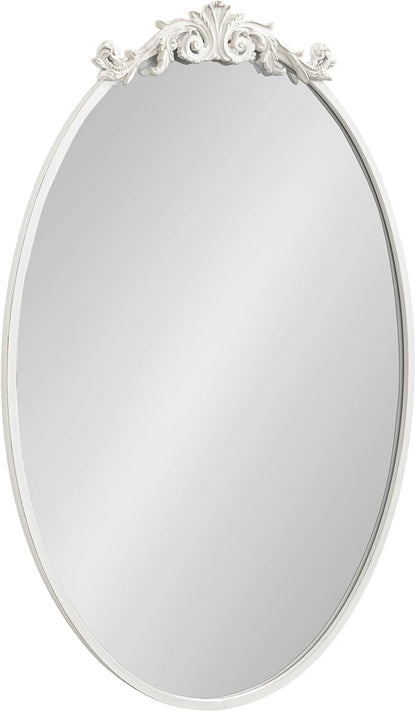 Kate and Laurel Arendahl Traditional Vertical Oval Wall Mirror, 24 x 36, Antique White, Vintage Glam Baroque-Inspired Round Bathroom Vanity Mirror with Ornate Crown