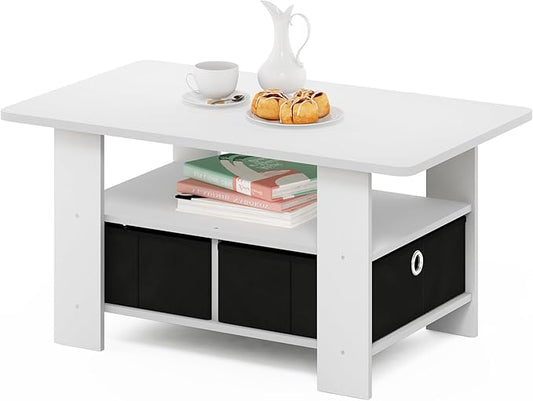 Furinno Andrey Coffee Table, Small Modern Coffee Table with Storage and Bin Drawer, Side Table for Living Room, Bedroom, Home Office, White