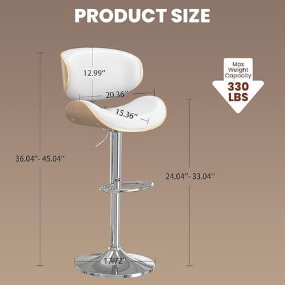 Bar Stools Set of 2, Bar Stools for Kitchen Island with Bentwood Back and Leather Seat, Swivel Barstools for Kitchen Counter, Bar, Snow White