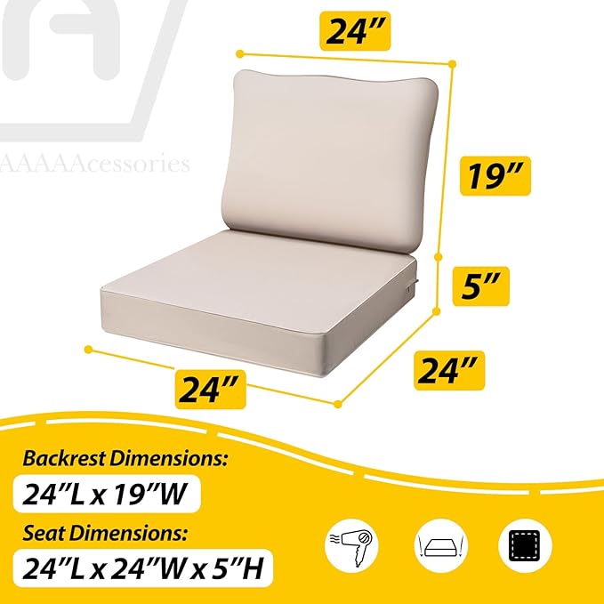 AAAAAcessories Outdoor Deep Seat Cushions, Waterproof, Fade-Resistant Patio Furniture Replacement Cushions, 24" x 24" x 5", Set of 4, Khaki Beige