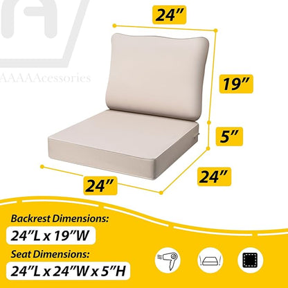 AAAAAcessories Outdoor Deep Seat Cushions, Waterproof, Fade-Resistant Patio Furniture Replacement Cushions, 24" x 24" x 5", Set of 2, Khaki Beige