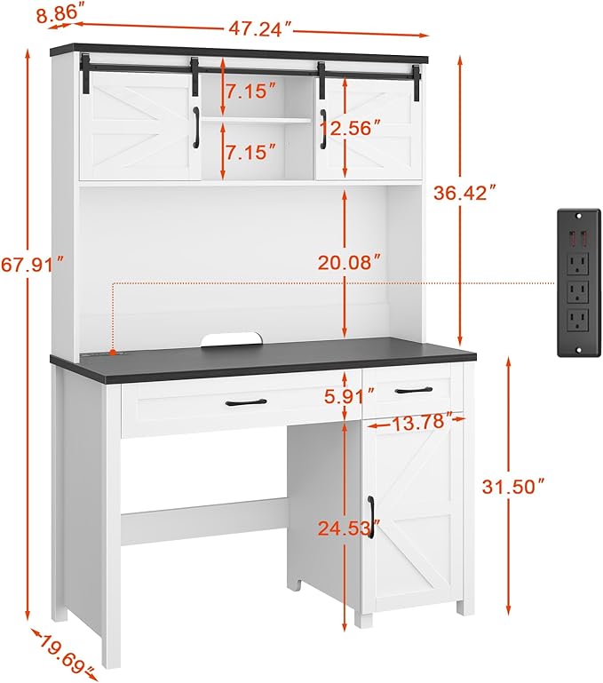 Vabches Farmhouse 47" Executive Desk, Computer Desk with 2 Drawers, LED Light and Storage Cabinet, Home Office Desk with Hutch, Charging Hub, Workstation for Home Office and Study,(Black desktop).