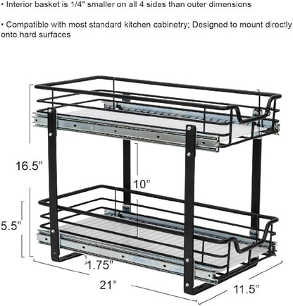 Household Essentials Glidez Multipurpose Paint-Finished Steel Pull-Out/Slide-Out Storage Organizer with Plastic Liners for Under Cabinet Use - 2-Tier Dual-Slide Design, Black