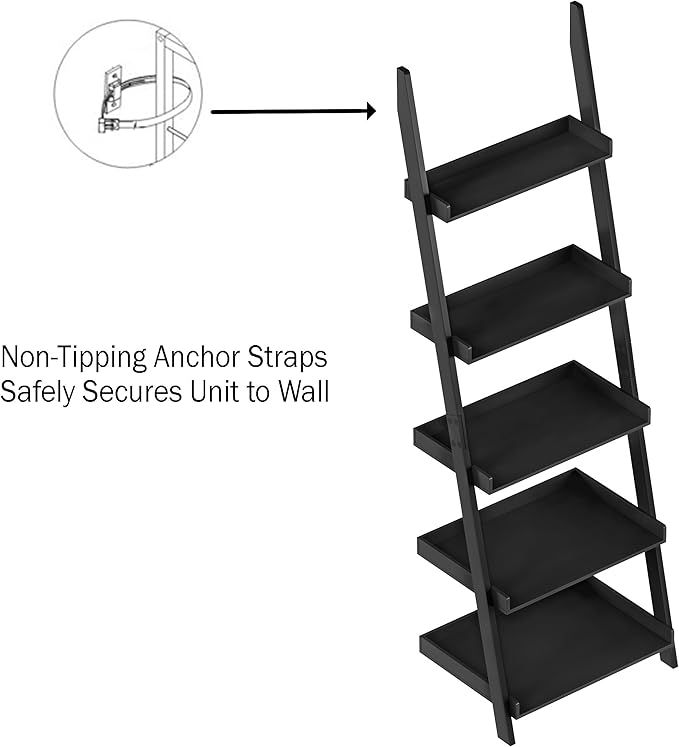 Lavish Home Bookshelf - 5-Tier Ladder Shelf with Leaning Look - Bookcase for Home Decor and Office Storage - Freestanding Book Shelves (Black)