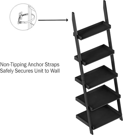 Lavish Home Bookshelf - 5-Tier Ladder Shelf with Leaning Look - Bookcase for Home Decor and Office Storage - Freestanding Book Shelves (Black)