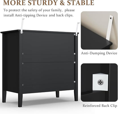 RoyalCraft Large 3 Drawer Dresser Set of 2, Fluted Chest of Drawers with Storage, Modern Painted 30 inch Tall Nightstand for Bedroom Living Room Entryway, Black