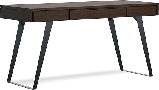 SIMPLIHOME Lowry Desk - 54-Inch Wide Solid Acacia Wood and Metal Writing Desk in Distressed Hickory Brown, Modern Industrial Home Office Computer Table with 2 Drawers and Flip-Down Keyboard Tray