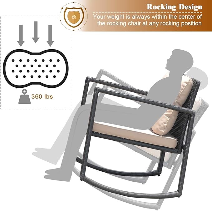 COSTWAY 3 Pieces Patio Rattan Rocking Chair Set, Outdoor Conversation Furniture Sets with Coffee Table, Storage Shelf and Cushions, Modern Bistro Set for Porch, Backyard, Garden, Beige