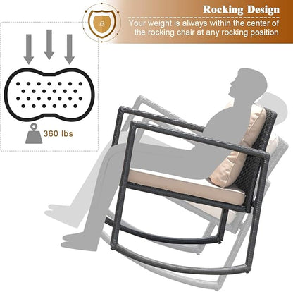 COSTWAY 3 Pieces Patio Rattan Rocking Chair Set, Outdoor Conversation Furniture Sets with Coffee Table, Storage Shelf and Cushions, Modern Bistro Set for Porch, Backyard, Garden, Beige