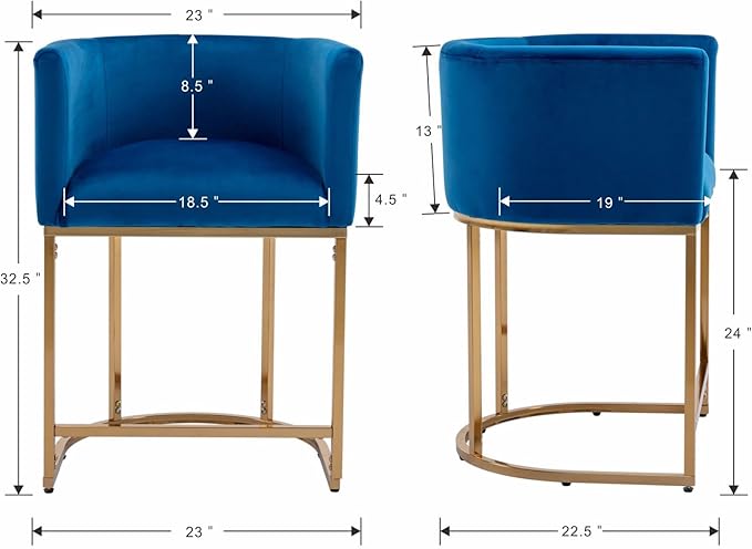 Contemporary Blue Velvet Bar Stools Set of 2, 24" Upholstered Fabric Counter Height Barstools Kitchen Counter Island Stools with Screwed Together Golden Metal Base