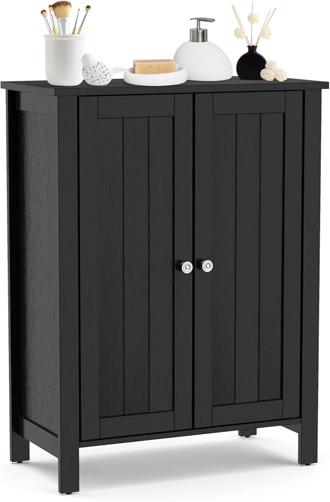 COSTWAY Bathroom Floor Cabinet - Freestanding Side Storage Organizer with Double Doors & Adjustable Shelf, Wooden Storage Cabinet for Living Room, Bedroom, Kitchen, Entryway (Black)