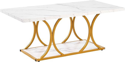 VEVOR Coffee Table, Modern Faux Marble Coffee Table, Large 2-Tier Rectangle Center Desk with Geometric Legs, Minimalist Sturdy Metal Frame Accent End Desk for Living Room, Office, Easy Assembly, White