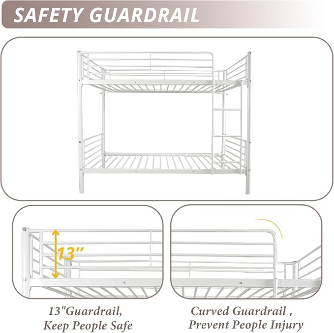 Karl Home White Bunk Bed Twin Over Twin, Metal Bunk Bed with Built-in Ladder and Safety Guardrail, Space-Saving Bunk Beds for Kids, Teens & Adults, No Box Spring