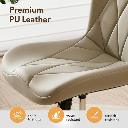 Armless Desk Chair, Morden Home Office Chair no Arms, Adjustable Height & Rocking Computer Chair, PU Leather Vanity Chair, Ergonomic Seat Soft Padded Desk Chairs for Home Small Space, Beige