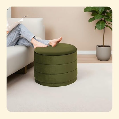 PINPLUS Large Round Velvet Storage Ottoman, Olive Green Upholstered Footstool with Hidden Storage, Sturdy Coffee Table Ottoman for Living Room & Bedroom