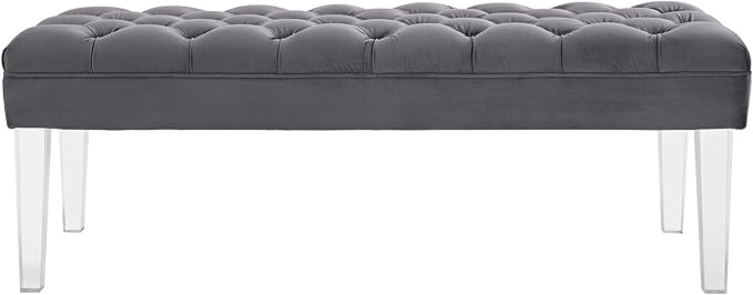 Modway Valet Tufted Button Performance Velvet Upholstered Bedroom Or Entryway Bench with Acrylic Legs in Gray