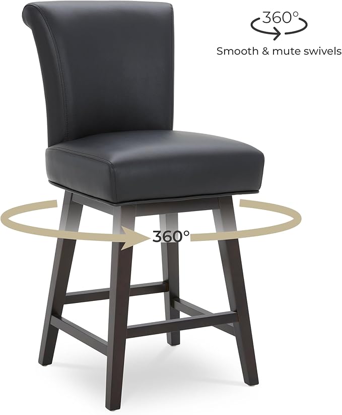 CHITA 26 Inch Counter Height Swivel Bar Stools Set of 2, FSC Certified Modern Upholstered Faux Leather Swivel Barstool Chair with Back, Black