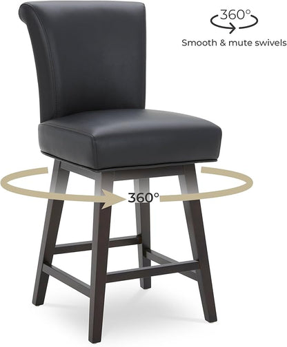 CHITA 26 Inch Counter Height Swivel Bar Stools Set of 3, FSC Certified Modern Upholstered Faux Leather Swivel Barstool Chair with Back, Black