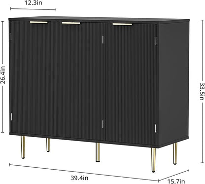 Fluted Sideboard Buffet with 3 Doors, Modern Accent Cabinet with Adjustable Shelves, Kitchen Storage Cabinet with Golden Handles, Coffee Bar for Kitchen, Living Room, Black