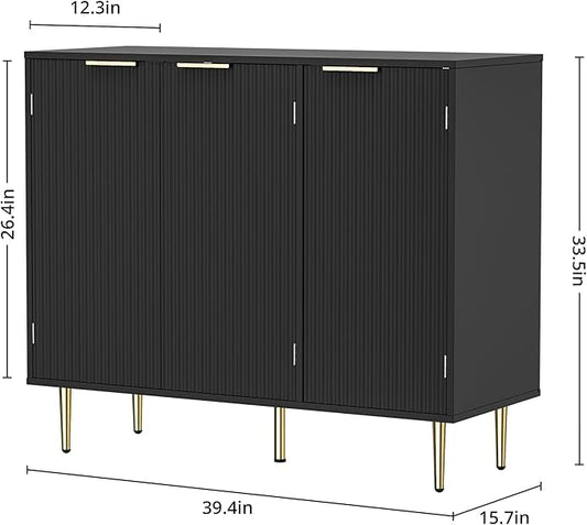 Fluted Sideboard Buffet with 3 Doors, Modern Accent Cabinet with Adjustable Shelves, Kitchen Storage Cabinet with Golden Handles, Coffee Bar for Kitchen, Living Room, Black