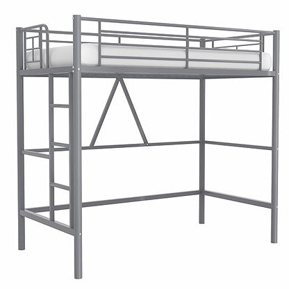 VECELO Metal Loft Bed Twin Size, Heavy Duty Bedframe with Removable Ladder and Safety Guardrail, Space-Saving, Noise Free, No Box Spring Needed, Grey