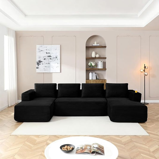 132 Inch Modular Sectional Sleeper Sofa, Boneless Cloud Couch for Living Room, U Shaped 5 Seat Sofa with 2 Cup Holders, Free Combination, No Assembly Required (Black)