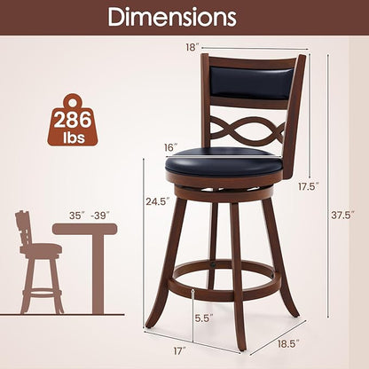 COSTWAY Bar Stools Set of 2, 24.5” Counter Height Stools with Rubber Wood Frame, Faux Leather Upholstered Seat and Backrest, Swivel Barstools for Kitchen Island, Pub, Brown (2, Seat Height: 24.5”)