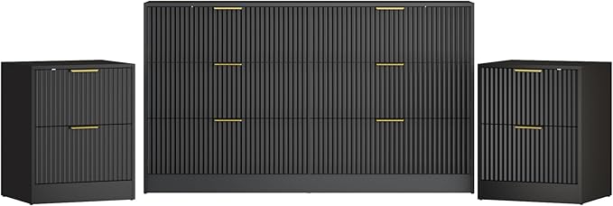3-Piece Modern Bedroom Furniture Set, Wide 6-Drawer Dresser & 2-Drawer Nightstands Set of 2, Natural Wood Dresser and Nightstand Sets for Bedroom, Hallway, Black