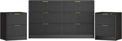 3-Piece Modern Bedroom Furniture Set, Wide 6-Drawer Dresser & 2-Drawer Nightstands Set of 2, Natural Wood Dresser and Nightstand Sets for Bedroom, Hallway, Black