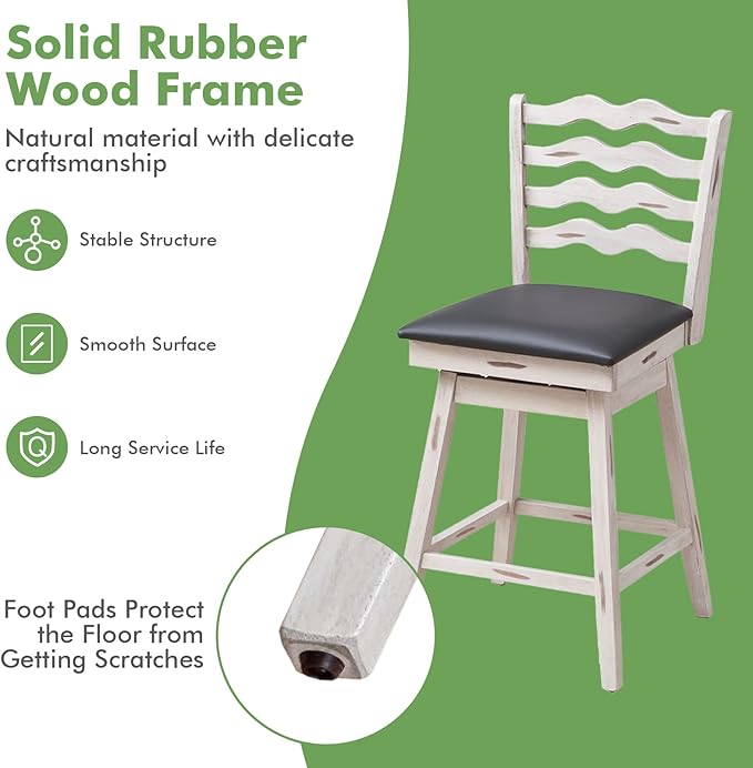 COSTWAY Bar Stools Set of 4, 25” 360° Swivel Counter Height Chairs with Rubber Wood Frame, Cushioned Seat, Ergonomic Backrest & Footrest, Wooden Upholstered Barstools for Kitchen Island (4, 25”)