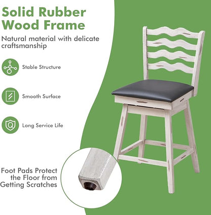 COSTWAY Bar Stools Set of 4, 25” 360° Swivel Counter Height Chairs with Rubber Wood Frame, Cushioned Seat, Ergonomic Backrest & Footrest, Wooden Upholstered Barstools for Kitchen Island (4, 25”)