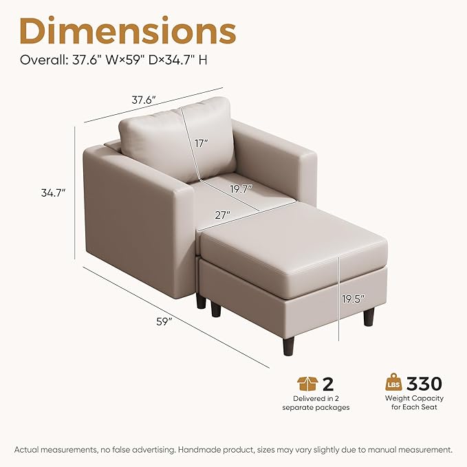 ABCASA Faux Leather Accent Chair with Ottoman,Upholstered Armchair with Storage,Extra-Deep-Seated Modular Single Sofa,Reading Chair with Footrest for Living Room Lounge Chair Whitesand