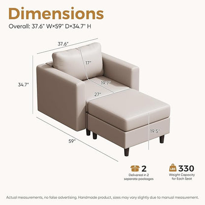 ABCASA Faux Leather Accent Chair with Ottoman,Upholstered Armchair with Storage,Extra-Deep-Seated Modular Single Sofa,Reading Chair with Footrest for Living Room Lounge Chair Whitesand