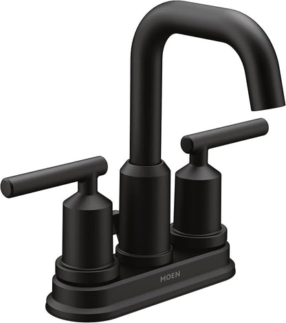 Moen Gibson Matte Black Two-Handle Centerset Modern Bathroom Faucet with Drain Assembly for 4-inch 3-Hole Countertops, 6150BL