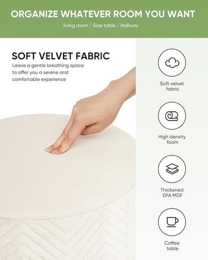 B FSOBEIIALEO Ottoman with Stroage, Round Velvet Storage Ottoman with Gold Plating Base,Foot Rest Stool for Dorm Room, Living Room White, 16.73"x16.73"x17.72"