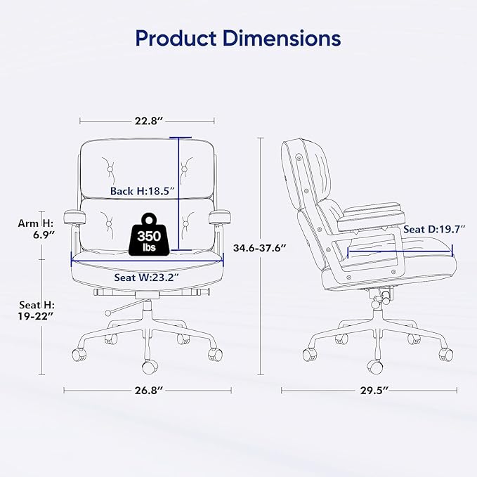 Genuine Leather Office Chair, Mid Back Executive Desk Chairs with Aluminum Arms and Wheels, Swivel Office Leather Chair with Thickened Backrest and Ergonomic Lumbar Support, White
