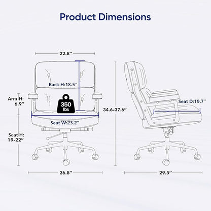 Genuine Leather Office Chair, Mid Back Executive Desk Chairs with Aluminum Arms and Wheels, Swivel Office Leather Chair with Thickened Backrest and Ergonomic Lumbar Support, White