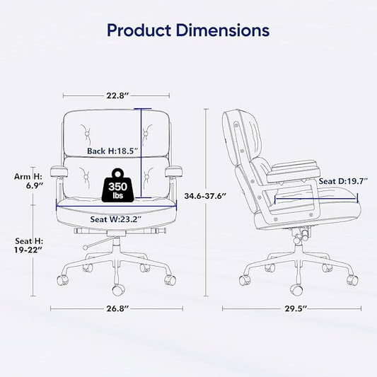 Genuine Leather Office Chair, Mid Back Executive Desk Chairs with Aluminum Arms and Wheels, Swivel Office Leather Chair with Thickened Backrest and Ergonomic Lumbar Support, White