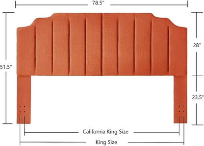 24KF Orange Teddy Fabric Tufted King Upholstered Headboard, Modern Vertical Channel Design California King Headboard with Stepped Silhouette Top Edge,6026-K-Teddy Orange