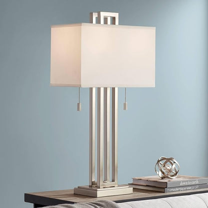 Possini Euro Design Gossard Modern Table Lamp 30" Tall Brushed Nickel Silver Open Metal White Fabric Rectangular Box Shade for Bedroom Living Room House Home Bedside Nightstand Office Family