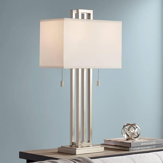 Possini Euro Design Gossard Modern Table Lamp 30" Tall Brushed Nickel Silver Open Metal White Fabric Rectangular Box Shade for Bedroom Living Room House Home Bedside Nightstand Office Family