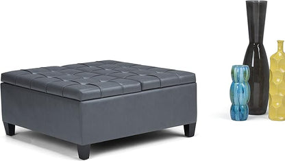 SIMPLIHOME Harrison 36 inch Wide Transitional Square Coffee Table Storage Ottoman in Stone Grey Vegan Faux Leather, Assembled, for the Living Room and Bedroom