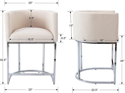 Contemporary Cream Linen Bar Stool, 24" Upholstered Fabric Counter Height Barstool Kitchen Counter Island Stool with Screwed Together Chrome Finish Base